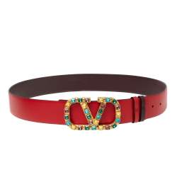 Valentino Red/Burgundy Leather VLOGO Jewel Embellished Buckle Reversible Belt 90CM