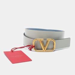 مملوكة مسبقًا Valentino Light Blue/Grey Leather VLogo Belt 75 CM
