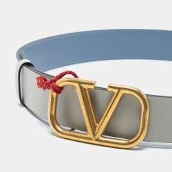 مملوكة مسبقًا Valentino Light Blue/Grey Leather VLogo Belt 75 CM