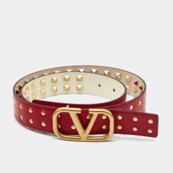 Pre Owned Valentino Beige/Red Leather VLogo Rockstud Belt 80CM