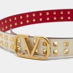 Pre Owned Valentino White/Red Leather VLogo Rockstud Reversible Belt 85CM