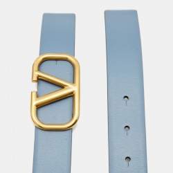 Pre Owned Valentino Blue/Grey Leather VLogo Reversible Buckle Belt 80CM