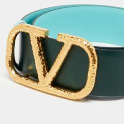 Pre Owned Valentino Blue/Green Leather VLogo Reversible Buckle Belt 70CM