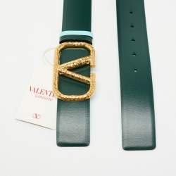 Pre Owned Valentino Blue/Green Leather VLogo Reversible Buckle Belt 70CM