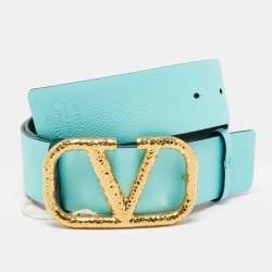 Pre Owned Valentino Blue/Green Leather VLogo Reversible Buckle Belt 70CM