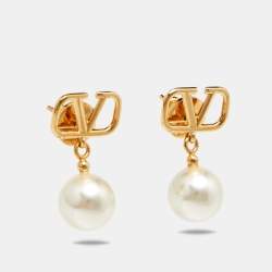 Pre Owned Valentino VLogo Signature Faux Pearl Gold Tone Drop Earrings