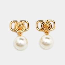 Pre Owned Valentino VLogo Signature Faux Pearl Gold Tone Drop Earrings