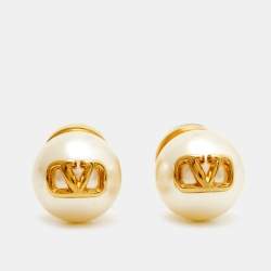 Pre Owned Valentino VLogo Gold Tone Faux Pearl Stud Earrings