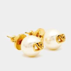 Pre Owned Valentino VLogo Gold Tone Faux Pearl Stud Earrings