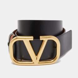 Pre Owned Valentino Black/Tan Leather VLogo Reversible Waist Belt Size 75CM
