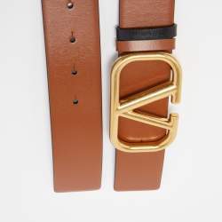 Pre Owned Valentino Black/Tan Leather VLogo Reversible Waist Belt Size 75CM