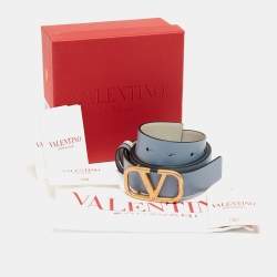 Pre Owned Valentino Blue/Grey Leather VLogo Reversible Belt 80 CM