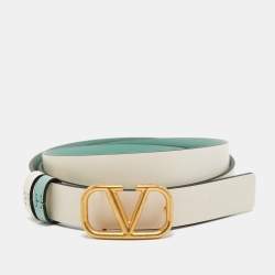 Pre Owned Valentino Mint Green/Cream Leather VLogo Reversible Slim Belt 85 CM