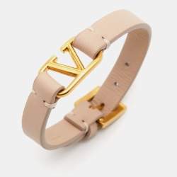 Pre Owned Valentino VLogo Leather Gold Tone Bracelet
