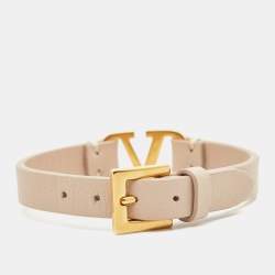 Pre Owned Valentino VLogo Leather Gold Tone Bracelet
