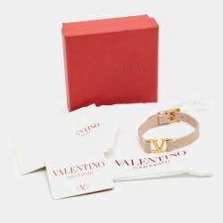 Pre Owned Valentino VLogo Leather Gold Tone Bracelet