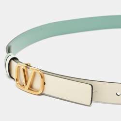 Pre Owned Valentino Mint Green/Cream Leather VLogo Reversible Slim Belt 85 CM