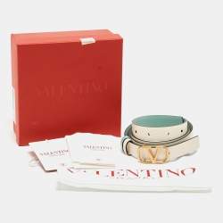 Pre Owned Valentino Mint Green/Cream Leather VLogo Reversible Slim Belt 85 CM