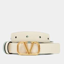 Pre Owned Valentino Mint Green/Cream Leather VLogo Reversible Slim Belt 85 CM