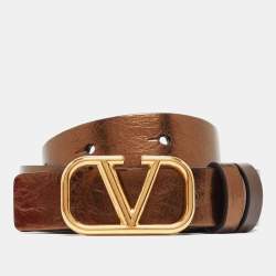 Pre Owned Valentino Metallic/Brown Leather Reversible Narrow V Logo Belt 85CM