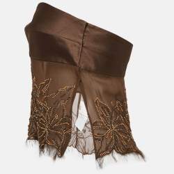 Pre Owned Valentino Brown Embellished Cotton and Silk Strapless Top M