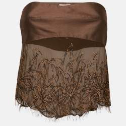 Pre Owned Valentino Brown Embellished Cotton and Silk Strapless Top M