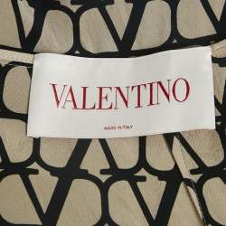 Valentino Beige/Black Logo Print Silk Tie-Up Neck Detail Midi Dress L