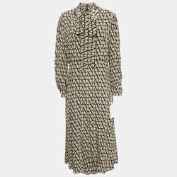 Valentino Beige/Black Logo Print Silk Tie-Up Neck Detail Midi Dress L
