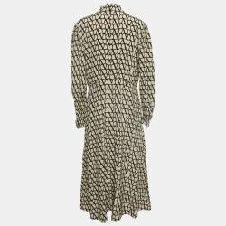 Valentino Beige/Black Logo Print Silk Tie-Up Neck Detail Midi Dress L