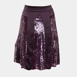 Pre Owned Valentino Purple Silk Satin & Sequin Paneled A-Line Skirt L