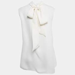 Pre Owned Valentino White Silk Crepe Neck Tie Detail Top M