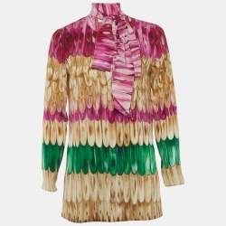 Pre Owned VALENTINO Garavani Multicolour Feather Print Silk Scarf-Neck Blouse S