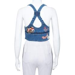 Pre Owned Valentino Navy Blue Denim Butterfly Embroidered Dungaree Crop Top M