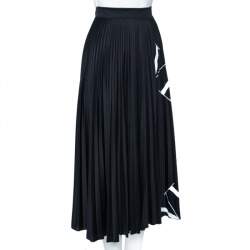 Pre Owned Valentino Black Logo printed Pleated Crepe Midi Skirt M