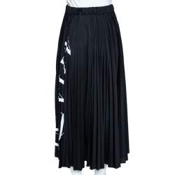 Pre Owned Valentino Black Logo printed Pleated Crepe Midi Skirt M