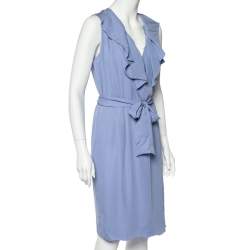 Pre Owned Valentino Blue Silk Ruffled Neck Detail Belted Wrap Midi Dress L 