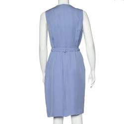 Pre Owned Valentino Blue Silk Ruffled Neck Detail Belted Wrap Midi Dress L 