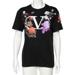 Pre Owned Valentino Black VLOGO Floral Print Cotton Crew Neck T-Shirt M