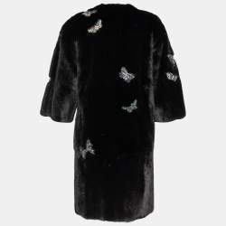 Pre Owned Valentino Black Mink Fur Butterfly Embellished Coat S
