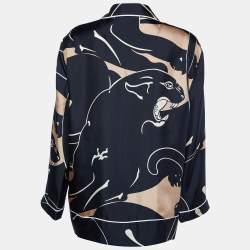 Pre Owned Valentino Black Panther Printed Silk Button Front Pajama Shirt L