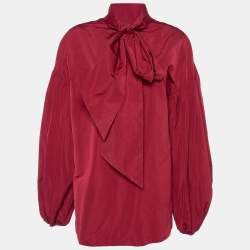 Pre Owned Valentino Burgundy Cotton Taffeta Neck Tie Detail Top L