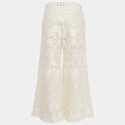 Pre Owned Valentino White Eyelet Knit Wide Leg Pants S