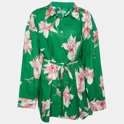 مملوكة مسبقًا Valentino Green Floral Print Cotton Belted Shirt Dress L