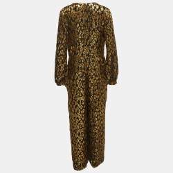 Valentino Black and Gold Leopard Patterned Silk Blend V Neck Jumpsuit M 