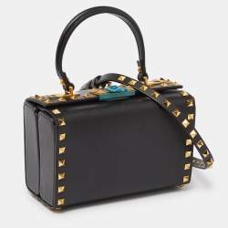 Pre Owned Valentino Black Leather Rockstud Alcove Box Top Handle Bag