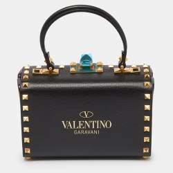 Pre Owned Valentino Black Leather Rockstud Alcove Box Top Handle Bag
