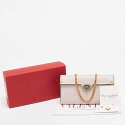 Valentino Light Pink Leather Rockstud Flap Wallet on Chain