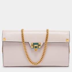 Valentino Light Pink Leather Rockstud Flap Wallet on Chain