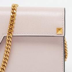 Valentino Light Pink Leather Rockstud Flap Wallet on Chain