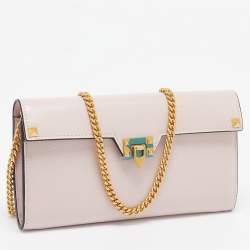 Valentino Light Pink Leather Rockstud Flap Wallet on Chain